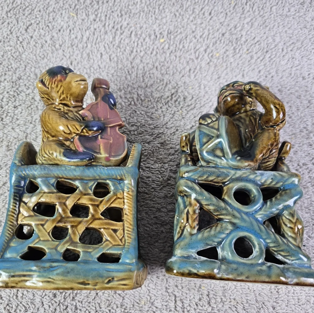 2 Vintage Majolica Monkey Music Fiqurines